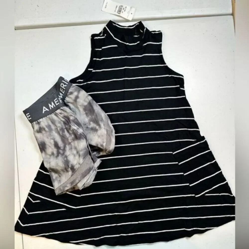 NWT American Eagle Girls Black White Sleeveless Dress & Athletic Shorts - Size 4